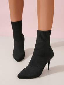女士踝靴，黑色靴子，优雅女士靴子，女士冬靴，时尚针织尖头细高跟踝靴，百搭派对、通勤、约会女士靴子 - 黑色 - 查看 3