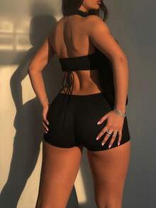 DOUCIU Draped Design Halter Short Jumpsuit And Strapless Top Sexy 2 Pieces Set - Black - View 6