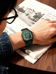 1件 TOMI 男女通用方形硅胶表带手表，简约小众复古创意线条石英表，适合日常生活、节日、送礼、返校季、万圣节、情人节、圣诞节、年末等场合。 - 綠色 - 查看 4