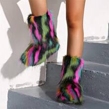 2025 Autumn And Winter Personalized Fashion Rainbow-Colored Furry Puffy Chunky-Heel Ankle Boots, Retro Y2K Style, Suitable For Party, Catwalk, Street Shooting, Music Festival And Halloween Carnival Outfits - 彩黑色 - 查看 1
