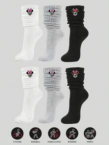 6/3/1 pares de calcetines slouch para mujer con bordado de Minnie Mouse de Disney, calcetines altos de pantorrilla cálidos y versátiles para otoño/invierno, calcetines de media pantorrilla de color liso a la moda, suaves, cómodos y transpirables, regalo de Halloween y Navidad - Multicolor - Ver 5