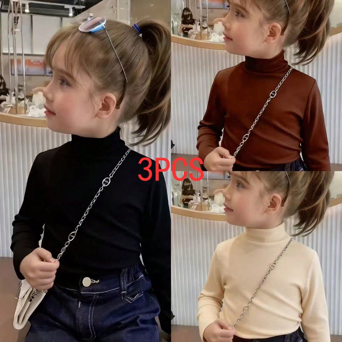 Piezas Camisetas térmicas de cuello alto de manga larga de unicolor para niñas, otoño/invierno