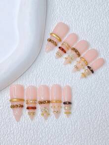 10pcs Y2K Nails Stiletto Press On Nails Set - Handcrafted, Pink Nails, Handmade 3D Gold Ring & Leopard Print Ring And Rhinestone Ring Design, Sparkling Gold Rhinestone & Gold Love Pattern Accents - Nhiều màu - Xem 10