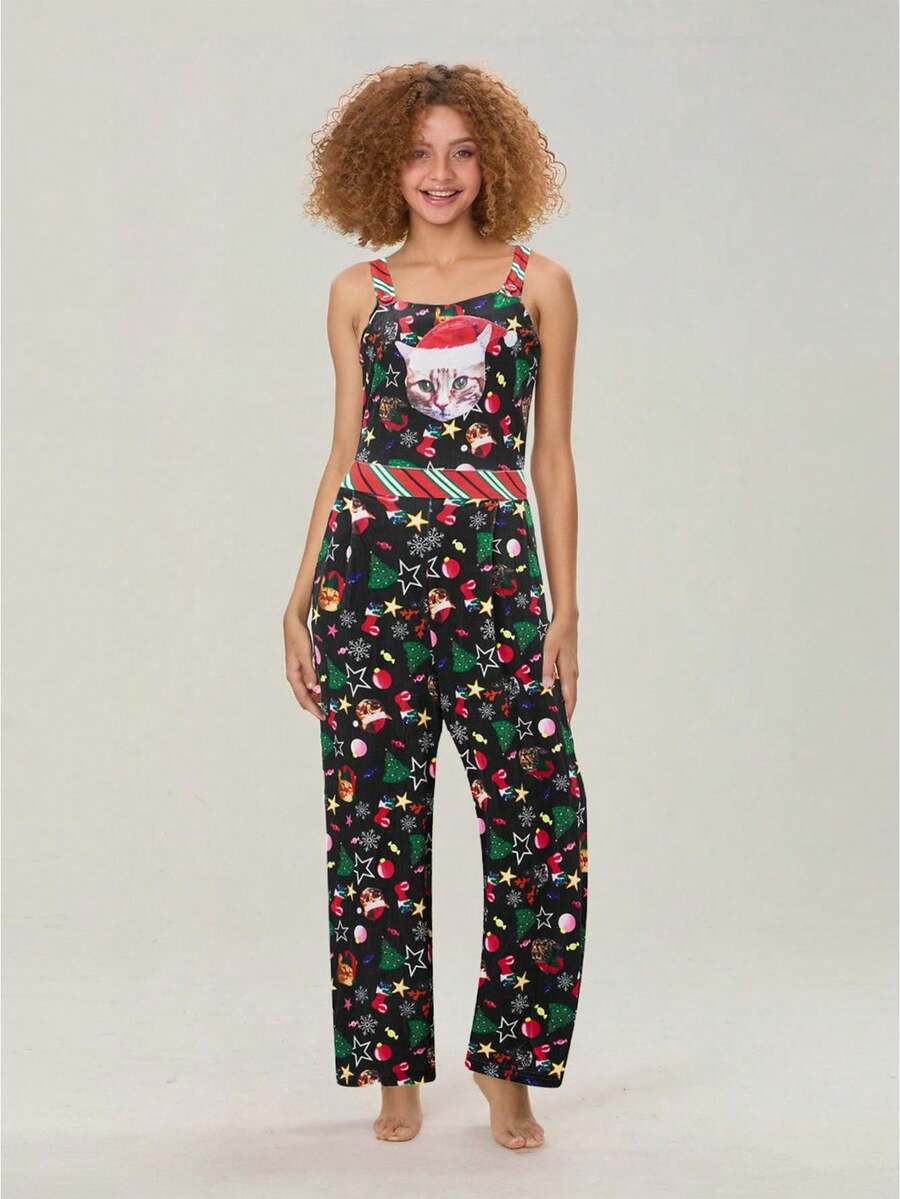 Womens Christmas Jumpsuit Overalls Festive Sleeveless Santa Long Romper Pants Holiday Costume - Multicolor - Ver 1