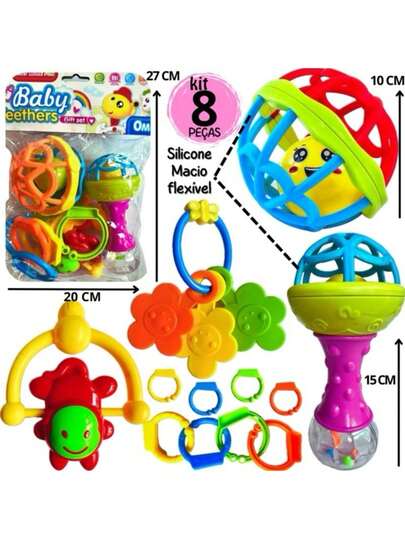 Kit Brinquedo Bebe Chocalho Mordedor Silicone Macio Bola Colorida 8 Peça Presente Para Menina e Menino Móbile para Berço