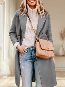 Women's Double Breasted Pea Coat Notched Lapel Wool Blend Long Winter Overcoat - 灰色 - 查看 3