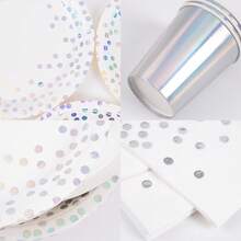 1 Set Disposable Iridescent Silver Polka Dot Plates, Napkins And Cups, Serves 10 Guests, Disposable Paper Plates Party Supplies Suitable For Birthday, Wedding, Party, Family Picnic - Multicolor - View 3