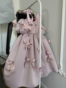 Young Girl's Pink Patchwork Bow Puff Sleeve Dress, Elegant Party Gown, Princess Dress Suitable For Girls' Birthday Party, Flower Girl Wedding, Bridesmaid, Prom, Luxury Evening Dress, Easter, Graduation - Pink - View 6