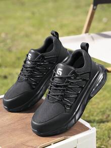 GUYISA Steel Toe Safety Shoes, Anti-Smash & Anti-Puncture, Fashionable Breathable Black Patchwork Design, Lightweight Air Cushion Soft Sole, Functional Shoes For Men,