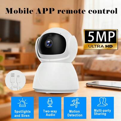 1pc 5MP HD Camera Security, Indoor Pan/Tilt Camera, 2.4G WiFi Camera For Pets/Babysitters, Cloud And SD Card Storage, USB Secure Power Supply Mode, Color Night Vision, Floodlight, 2-Way Audio, Alarm Siren,Cctv Camera Wifi Connect To Cellphone,AI Motion Detection,Surveillance Cameras Suitable For Families And Pets.