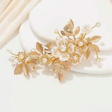 5 piezas Accesorios para el cabello de boda con flores, Set de pasadores de pelo de lujo minimalistas con perlas falsas, para verano, playa, festival, cumpleaños - Dorado - Ver 9