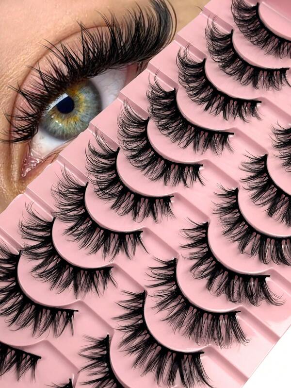 Hinarin 10 Pairs D Curl Volume Strip Lashes Natural Fluffy Thick Fake Lashes Slim And Light Easy To Wear Without Feeling Waterproof And Easy To Wear And Suitable For Beginners