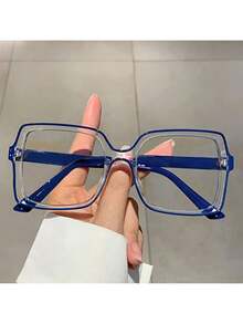 1 Pair Women's Color Block Square Frame Non-Prescription Glasses New Fashion Solid Color Decorative Frame Glasses - Màu xanh trong suốt - Xem 6