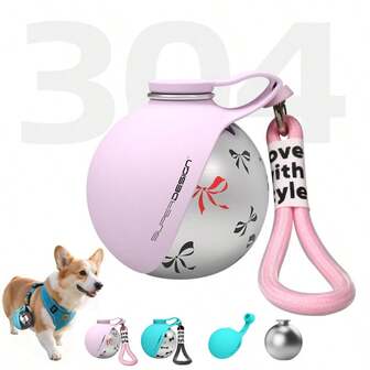 1pc 304 Stainiess Steel Pet Water Bottle, 285m Leak- Proof Travel Cup For Dogs & Cats, A¤Venture-Ready With Collapsible Bowi In Pink & Blue Color Options, Choose Your Favorite Print Or Solld Color Styie