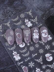 2片装优雅法式5D浮雕美甲贴纸，饰有水钻、白色蕾丝项链、雪花、雪人手套和闪光贴花，适合圣诞节、婚礼、冬季美甲设计，美甲配件 - 彩色 - 查看 4