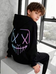 1pc Tween Boys' Casual Printed Pullover Sweatshirt, Thermal Lined, Long Sleeve, Autumn/Winter - Black - View 7