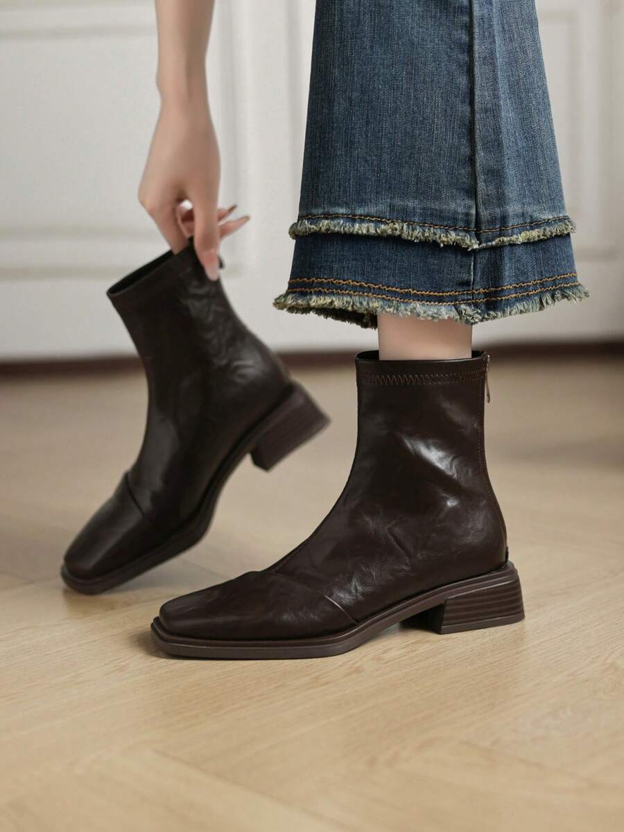 Women's French Style Versatile Ankle Boots, Fashionable Chunky Heel Short Boots With Back Zipper, Autumn/Winter - Brown - View 1