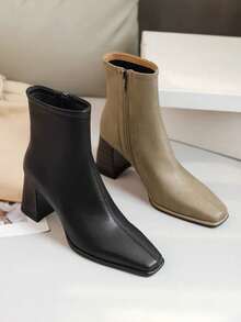 2025 Autumn/Winter New French Style Chunky Heel Ankle Boots, Square Toe High Heel Slim Boots For Women