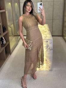Lace Flared Dress, Beachwear, Elegant Style. - Vàng - Xem 4