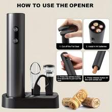 自动电动开瓶器套装,包含锡箔切割器、瓶塞和酒架底座 - 电池供电,需4节AAA电池(不包含在内) - 真空密封软木塞、倒酒器、葡萄酒配件套装、倒酒器和葡萄酒储存套装 - 黑色 - 查看 4