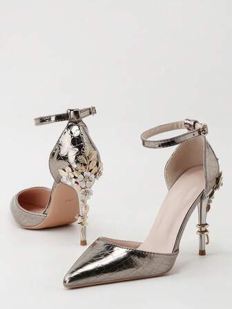 Elegant Metallic Floral Pointed Toe Slingback High Heel Pumps, Fashionable Luxury Women Shoes