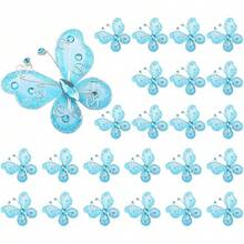 Mariposas de Organza, 24 Piezas Alambre de Malla Transparente Brillo Mariposa Tela Mariposas Boda Ropa Decoración Suministros de Bricolaje (Blanco) - Azul - Ver 13