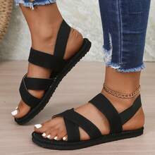 Women's Solid Color Flat Sandals, Casual Elastic Band Summer Shoes, Slip-On Beach Shoes - Black 2 - View 7