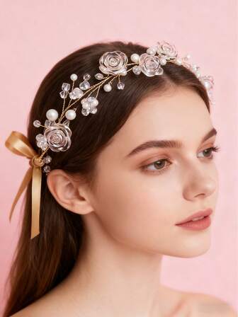 1pc 3D Resin Flower Crystal Faux Pearl Beaded Minimalist Tie-Up Headband, Suitable For Weddings, Daily Wear, Holidays And Other Occasions