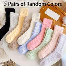 1/3/5 PairsWomen's Plush Cable- Short Socks - Ultra-Soft Thick Thermal Winter Socks For Home, Lounge & Sleepwear, Cozy Pastel Colors , Hand Wash Only, Indoor Warmth Comfort, Simple Solid Pattern, Soft Texture - Multicolor - View 16