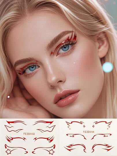2 hojas de pegatinas de delineador de ojos 3D rojo y dorado, pegatinas de tatuaje facial, maquillaje corporal para fiestas de disfraces y festivales de música, decoración de ojos