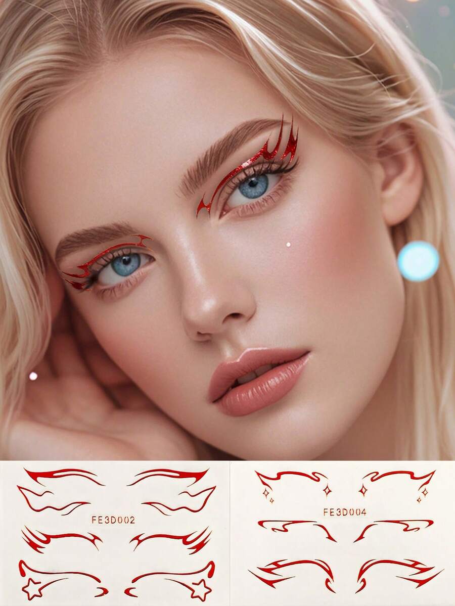 2 tờ nhãn dán kẻ mắt vàng đỏ 3D hình xăm trên mặt trang điểm cơ thể lễ hội âm nhạc trang phục tiệc trang trí mắt