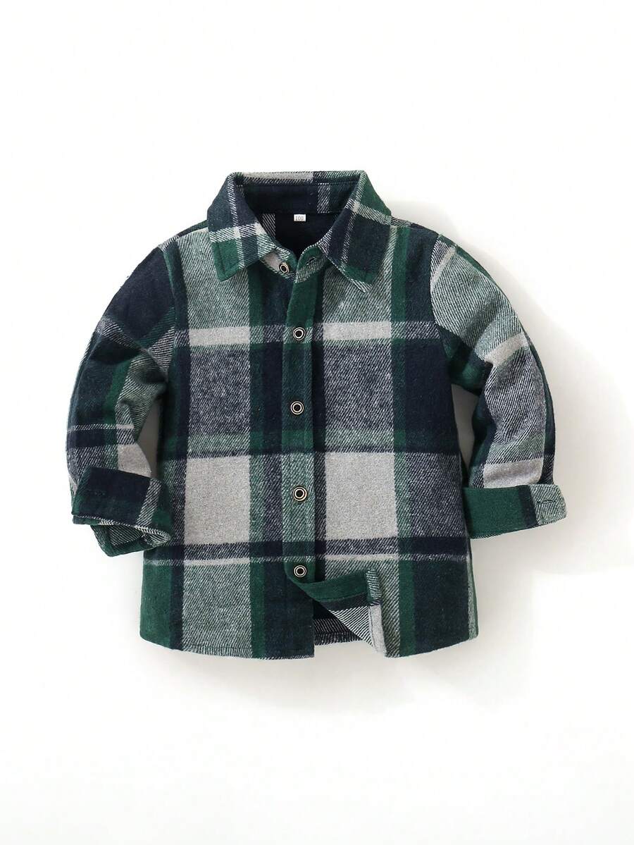 Toddler Boys' Plaid Long Sleeve Single-Breasted Casual Shirt, Autumn - Dark Green - View 1