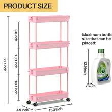 4-Tier Slim Rolling Storage Cart Storage Cart Organizer Rolling Utility Cart, Mobile Shelving Unit Slide Out Storage Shelves For Kitchen Living Room Bathroom Laundry Room & Dressers Outdoor Decor - 粉色 - 查看 2