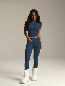 Women's Short-Sleeve Long Pants Slim-Fit Casual Activewear Set, Comfortable & Breathable, Suitable For Sports And Leisure Wear - 藏蓝色 - 查看 2