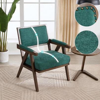 Vintage 1950s Fabric Armchair, Solid Wood Frame With Armrests And Upholstered Seat, Mid-Century Style For Living Room, Bedroom Or Office, Retro Decor