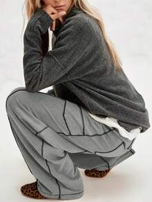 Pantalones casuales de mujer de pierna ancha con cordón y bolsillos - Gris - Ver 3