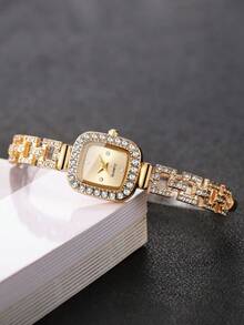1pc Women's Square Rhinestone Dial Classic Elegant Quartz Bracelet Watch, No Watch Box Included