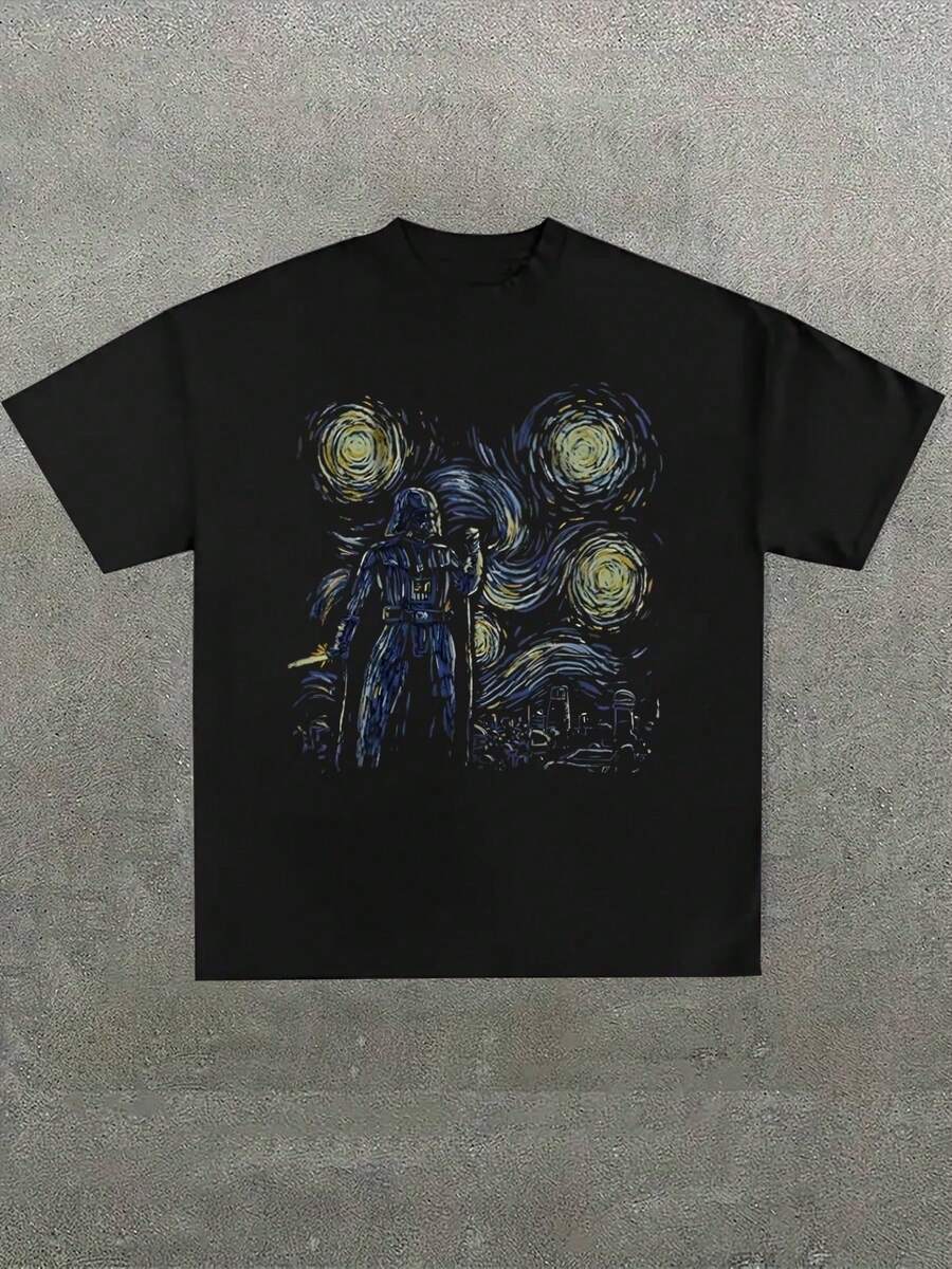 Wars Star Starry Night  Men's Printed T-Shirt Suitable For Daily Leisure, Outdoor Sports, Pure Cotton 200g - 黑色 - 查看 1