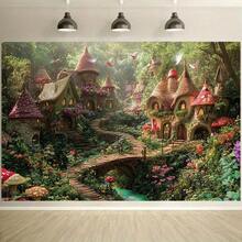 Enchanted Forest Fairy Tale Backdrop - Whimsical Cottage Scene With Vibrant Flowers & Mushrooms  Perfect For Christmas &  Holiday Decor  Polyester Material  No Electricity Needed  Multiple Sizes Available  Holiday Decor Backdrop | Enchanted  Forest Design | Durable Decor Fabric  Christmas Decorations - Multicolor - View 2