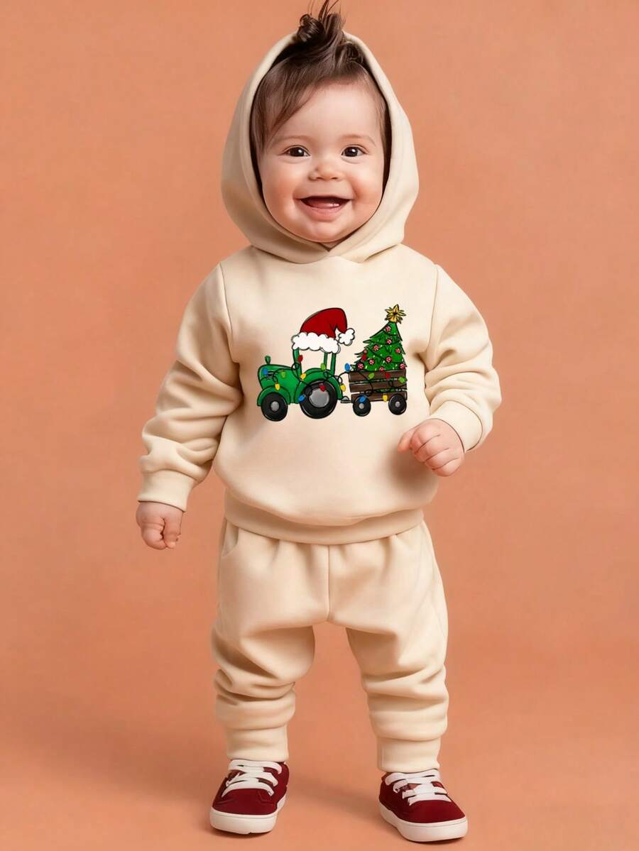 1pc Baby Boy Casual Printed Hooded Pullover Sweatshirt, Autumn/Winter - Adorable Sweatshirt Brings Joy And Happiness To Every Baby! Colorful And Fun Hooded Sweatshirt Sparks Imagination, Lucky Baby Top - Apricot - View 1