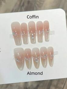 10pcs Handmade Nails Almond Coffin Nails Press On Nails Long, Gentle Pink Blush Pink Nails, Flashy Iced Cateye French Tip Nail Tips, Nail Gems Zirconia Diamond Inlaid, Edgy Elegant Luxury Handcrafted Autumn Nails, Fall Press On Nails, Party Daily & Dating Use Beach Tropical Getaway Suitable,DIY False Nail Art Suitable For Women & Girls As Gift Nail Supplies
