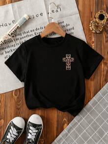 Young Boy Cross Print Round Neck Short Sleeve Casual T-Shirt - Black - View 3