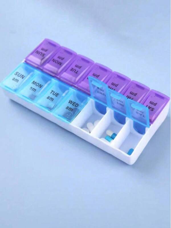 Pastillero portátil semanal de 7 días con 14 compartimentos para vitaminas, medicamentos y aceite de pescado.