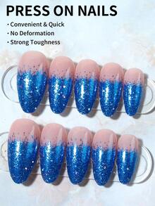 24 piezas/set Uñas postizas largas de almendra con diseño degradado de brillo azul, incluye 1 pieza de pegamento de gelatina y 1 pieza de lima de uñas. Las uñas de brillo azul y las uñas con puntas francesas harán que tus dedos brillen y se vean hermosos, muy adecuadas para fiestas, baile y uso diario