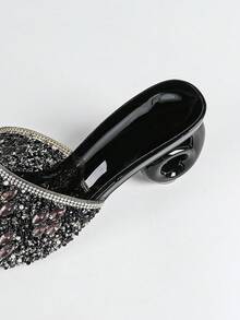 Women's High Heels. Square Toe, Fully Rhinestoned Uppers, Asymmetric Heel, Comfortable. Luxurious, Sparkling Rhinestones, Suitable For Parties, Gatherings, Balls, Shopping, Various Occasions And Festivals, Rhinestone Embellished Solid Color Beach Sandals,Spring Summer Outfits - Black - View 6