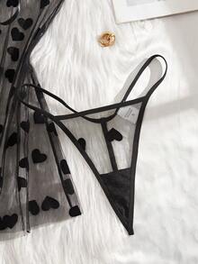 2pcs Women's Sexy Floral Mesh Robe Set, Front Tie Bow Decor Lingerie Set - Black - View 7