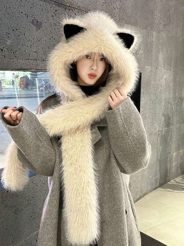 1 Stück verdickter Plüsch Fuchsohr Hut & Schal Set, Herbst/Winter warm und windundurchlässig, modisch & süß, hervorragende Wärmeisolierung, geeignet für kaltes Wetter, Weihnachten, Frühlingsfest, Neujahr und andere Feiertage