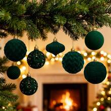 Juego de adornos de bolas de Navidad de terciopelo, piezas de bolas de árbol de Navidad de plástico inastillable aterciopeladas, tamaños variados para decoración navideña y de fiestas - Azul - Ver 8