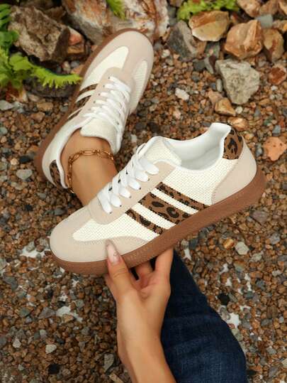 Baskets léopard polyvalentes et décontractées pour femmes, chaussures de sport mode, confortables, durables, avec semelle en caoutchouc souple, respirantes et légères, en patchwork