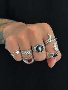 6pcs Fashionable Punk Star Cross Rings, Charming Jewelry For Men, Holiday Gift